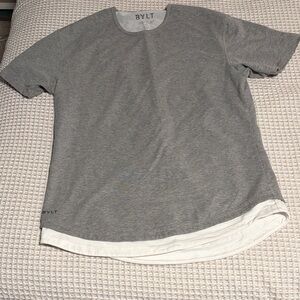 BYLT Basics Gray Short Sleeve Layered Hem Tee with White Underlay